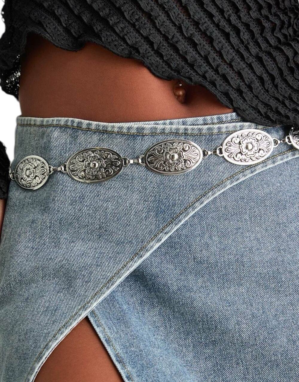 Concho Chain Belt Antique Silver Tone Adjustable Women's Boho Western Festival
